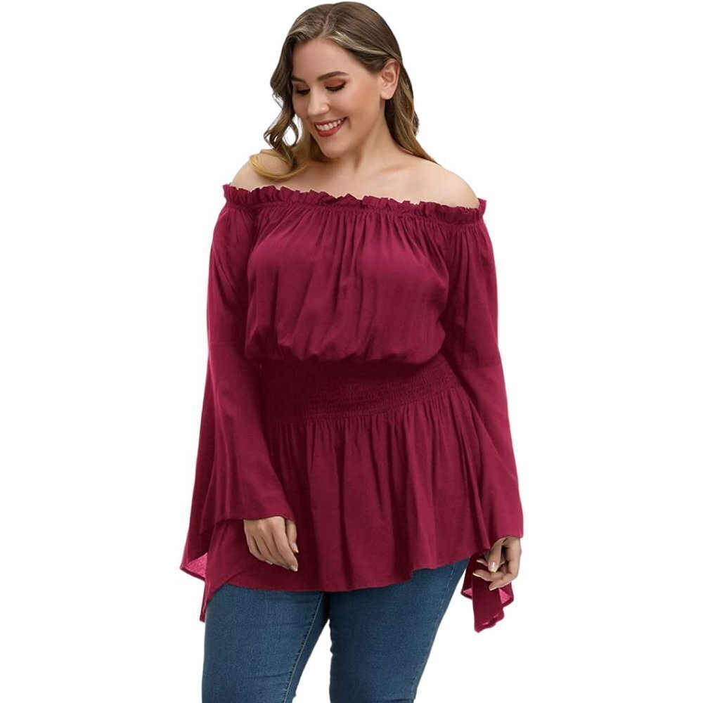 Hanna Nikole Women's Plus Size Blouse Off Shoulder Trumpet Sleeve Peasant Top - Picture 2 of 4